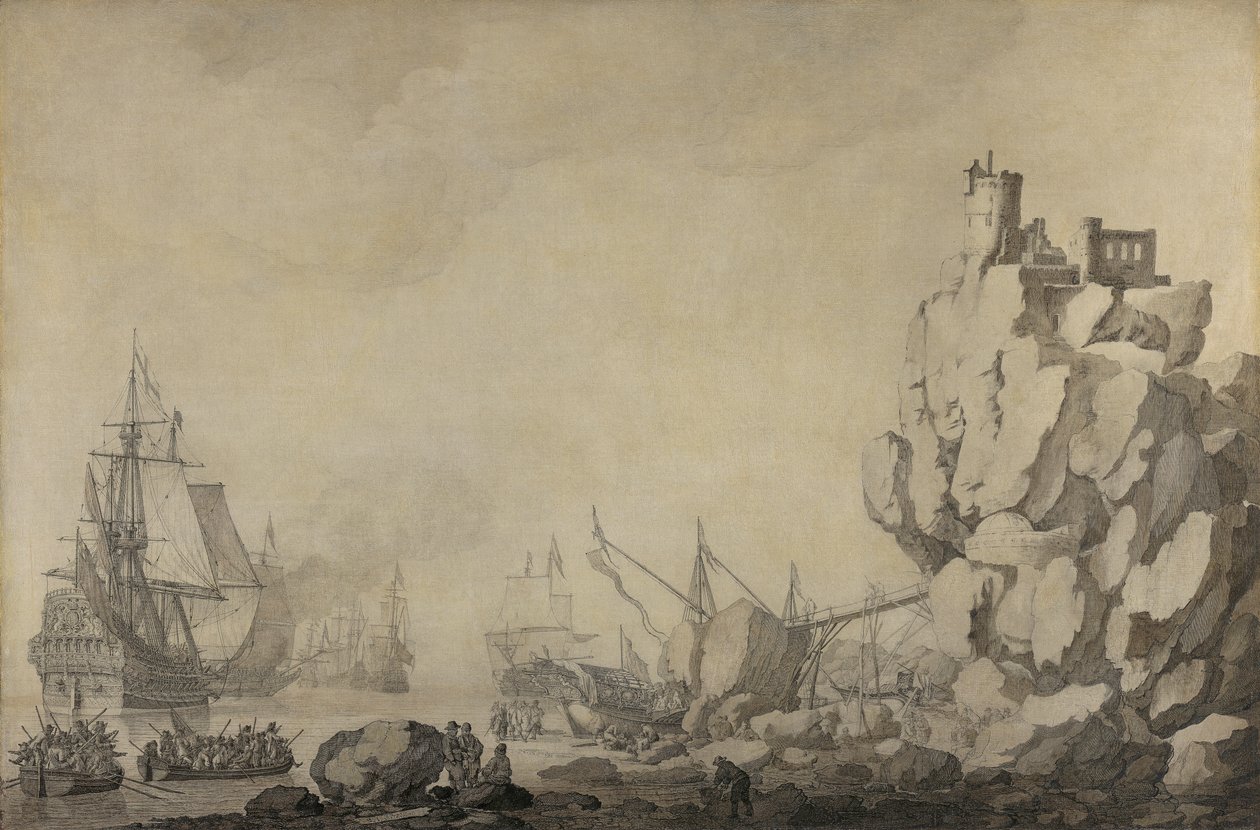 Skibe og milits ved en klippekyst af Willem van de Velde the Elder