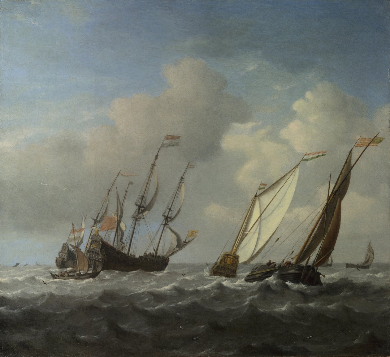 Et hollandsk skib, en yacht og mindre fartøjer i en brise, ca. 1660 af Willem van de Velde the Younger