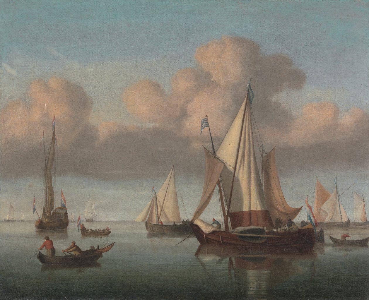 En Kaag for Anker med Sejl hejst og en Statsjacht og andre Fartøjer af Willem van de Velde the Younger
