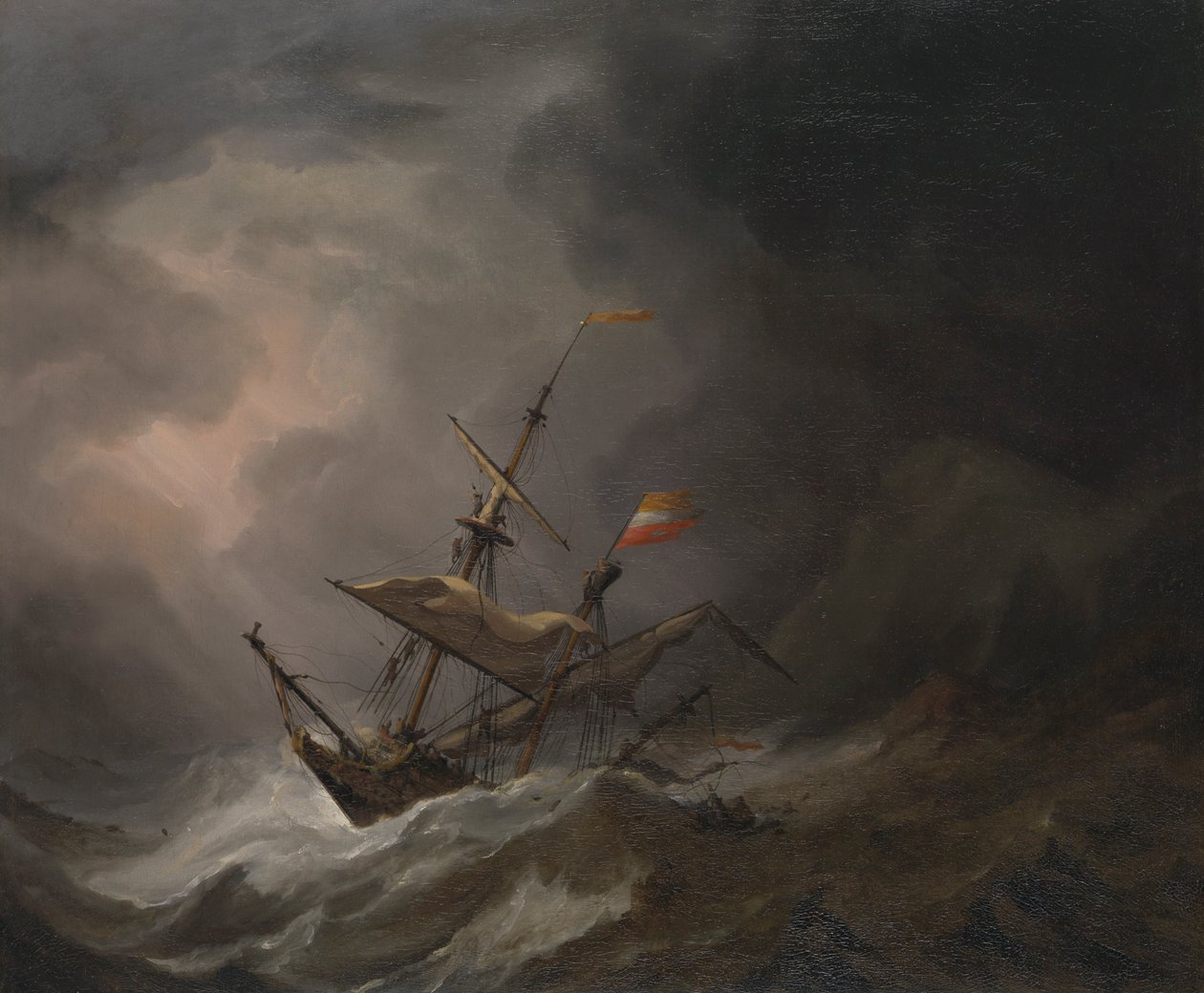 En middelhavsbrigantine, der driver ind på en klippekyst i stormvejr, ca. 1700 (olie på lærred) af Willem van de Velde the Younger