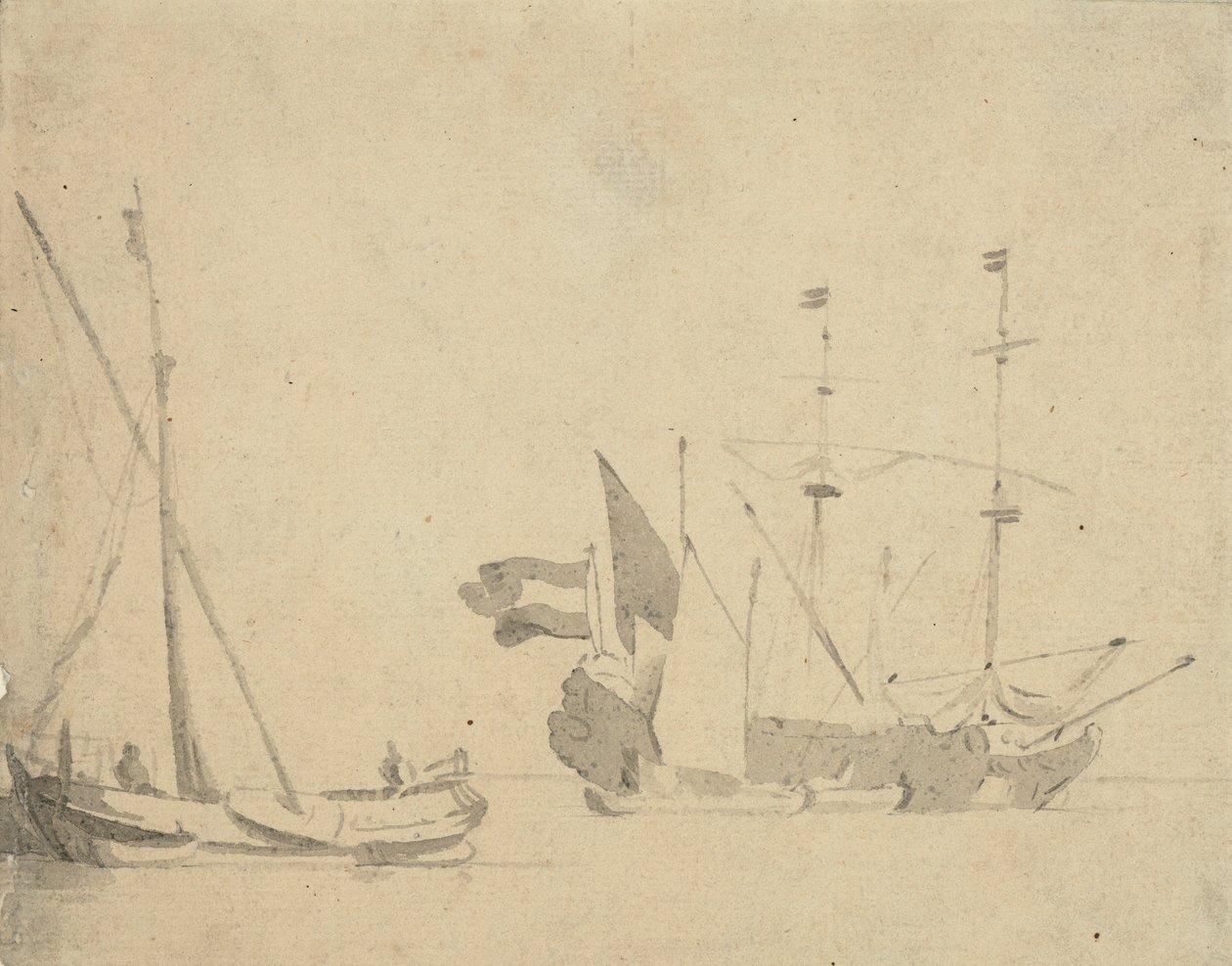 En boeier ved en mole og et hollandsk skib for anker, ca. 1665 (gråvask) af Willem van de Velde the Younger