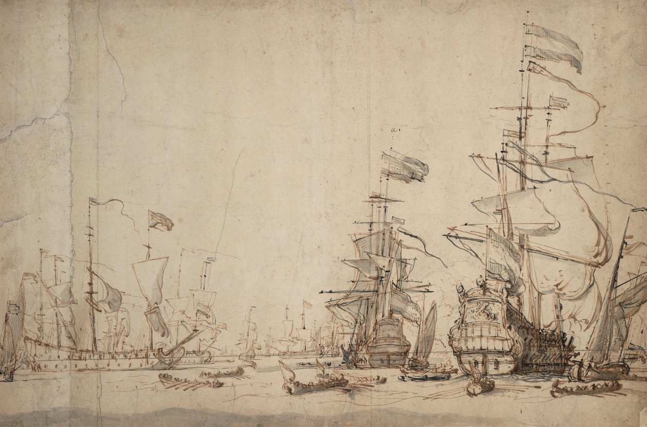 Et krigsråd i den hollandske flåde Maj 1665, ca. 1674 (pen, brunt blæk, grå lavering) af Willem van de Velde the Younger