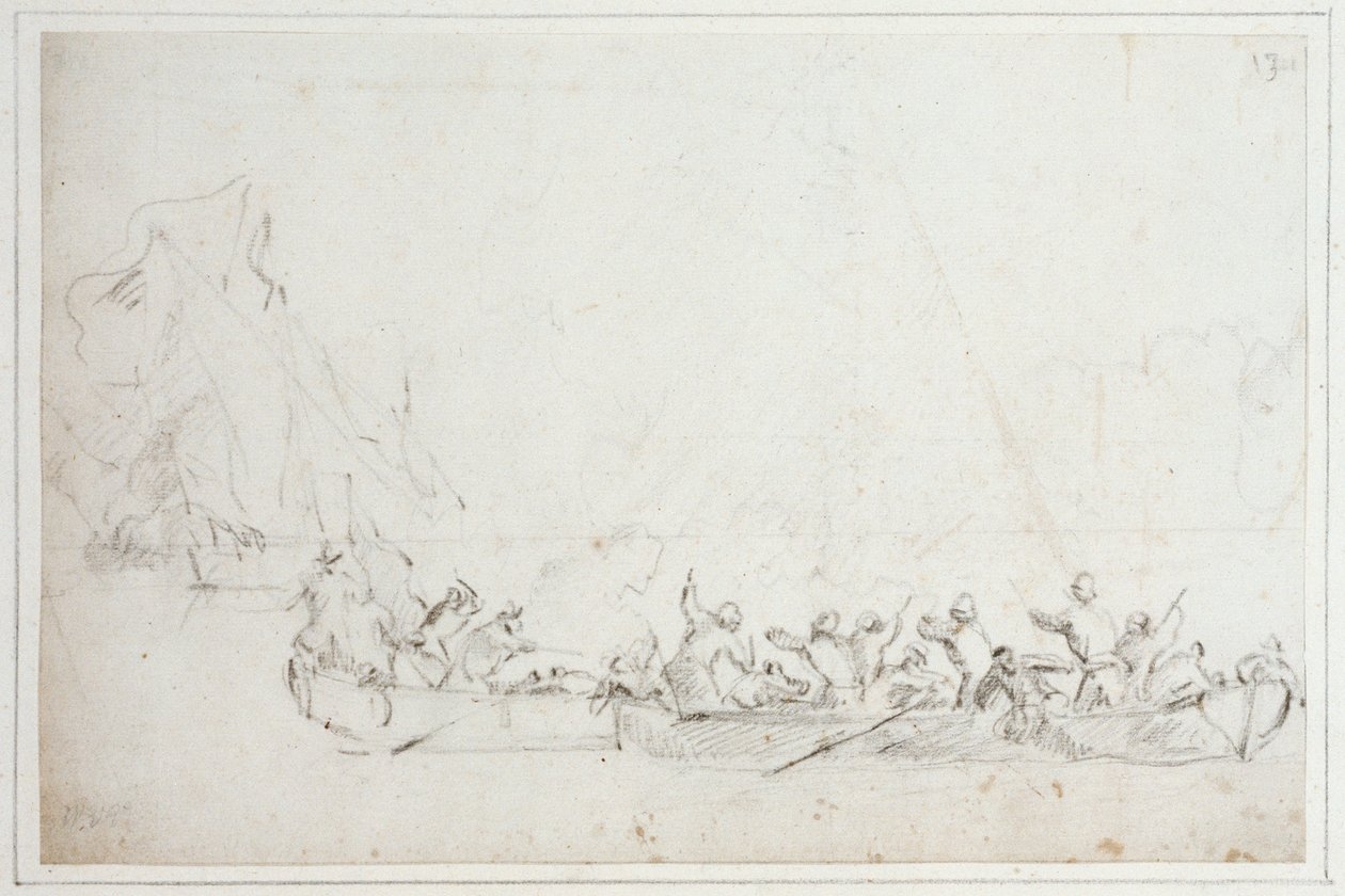 En kamp i både mellem hollandske eller engelske og barbariske pirater, ca. 1675 (kridt) af Willem van de Velde the Younger