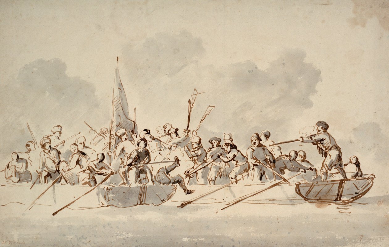 En kamp i både med barbariske pirater, ca. 1685 (tegning) af Willem van de Velde the Younger