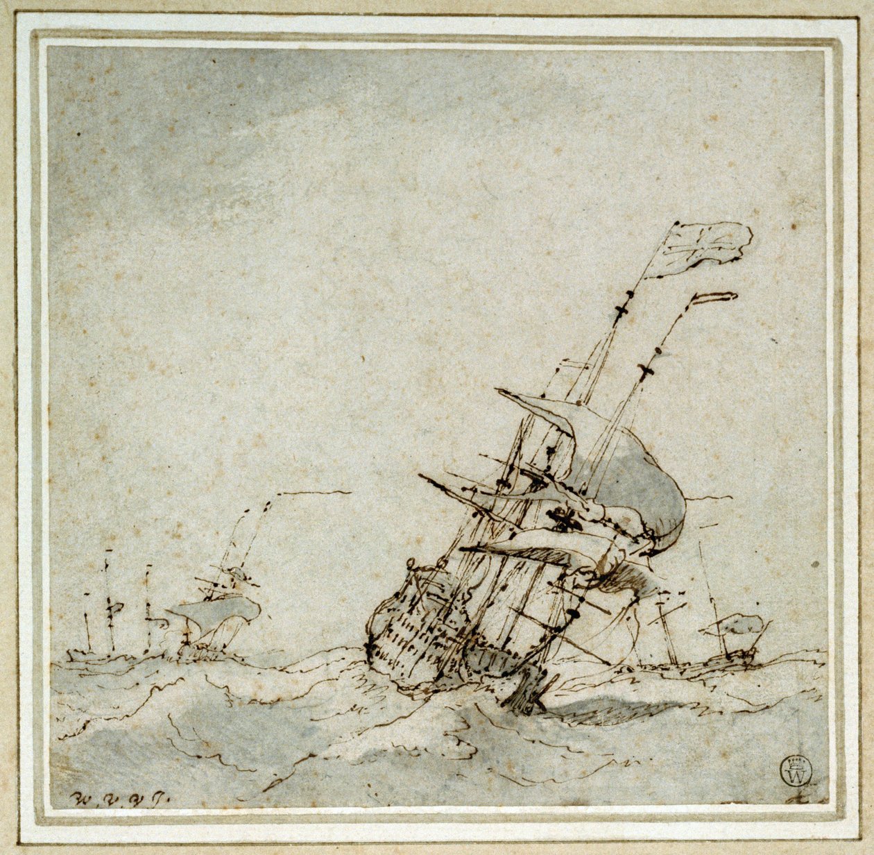 Et flagskib (flagbærer), der sætter farten op for at undslippe stormen. Tegning af Willem van de Velde den yngre (1633-1707), udført omkring 1700. af Willem van de Velde the Younger