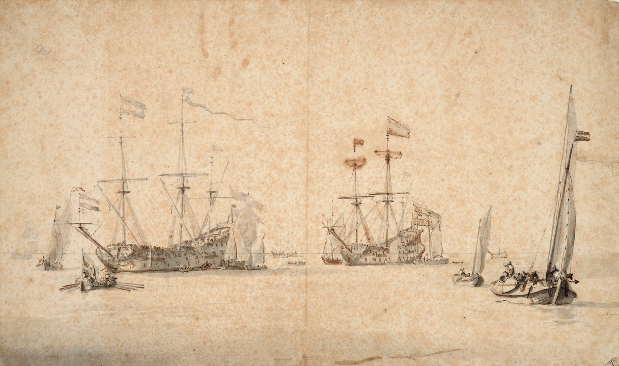 En kaag, der løber frit, og to hollandske flagskibe for anker, ca. 1665 (pen, brunt blæk, grå vask) af Willem van de Velde the Younger