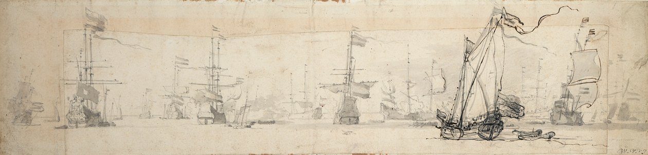 En statsyacht under sejl og skibe for anker, ca. 1665 (grafit, gråvask) af Willem van de Velde the Younger