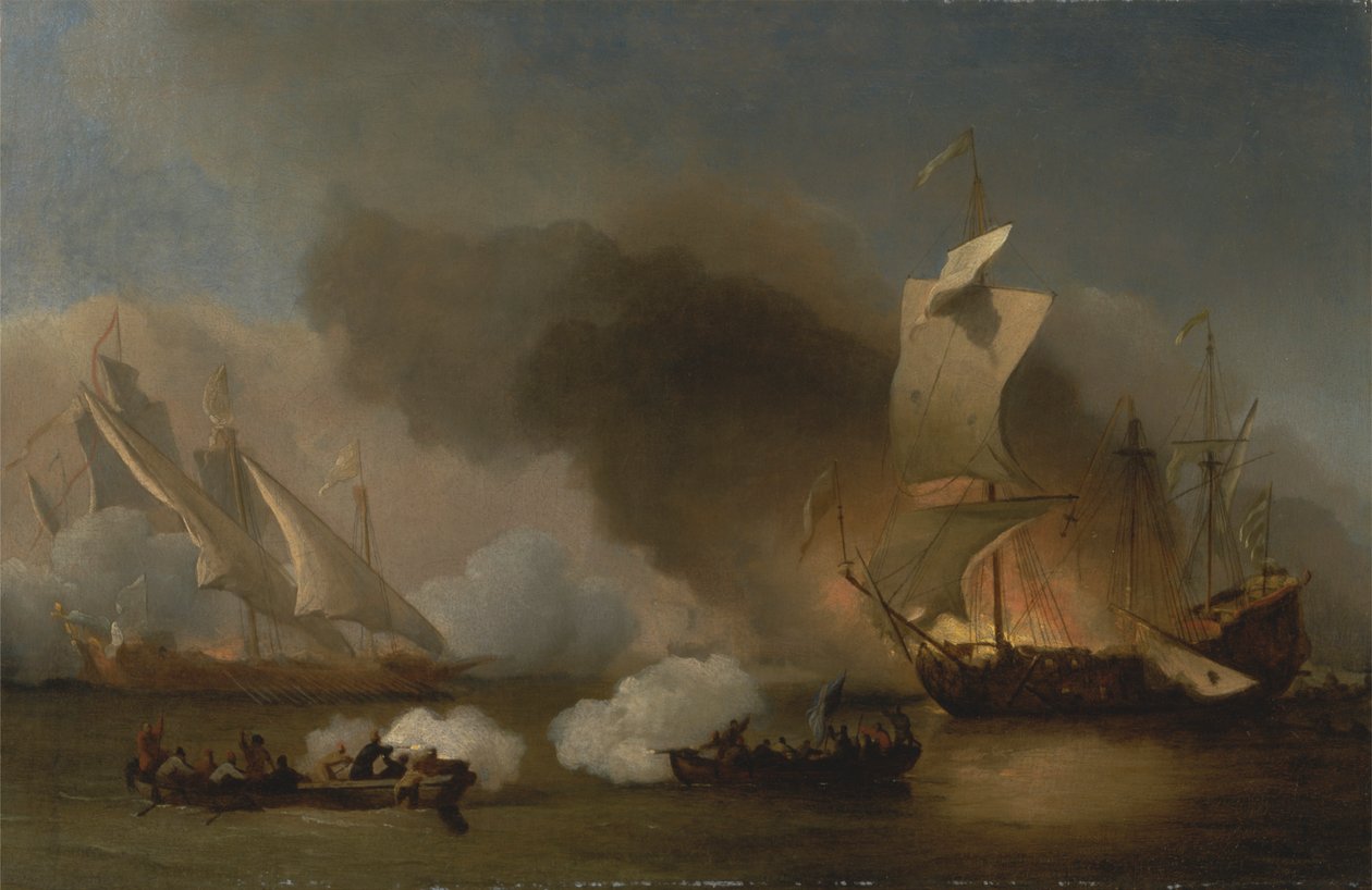 En aktion mellem engelske skibe og barbariske korsærer af Willem van de Velde the Younger