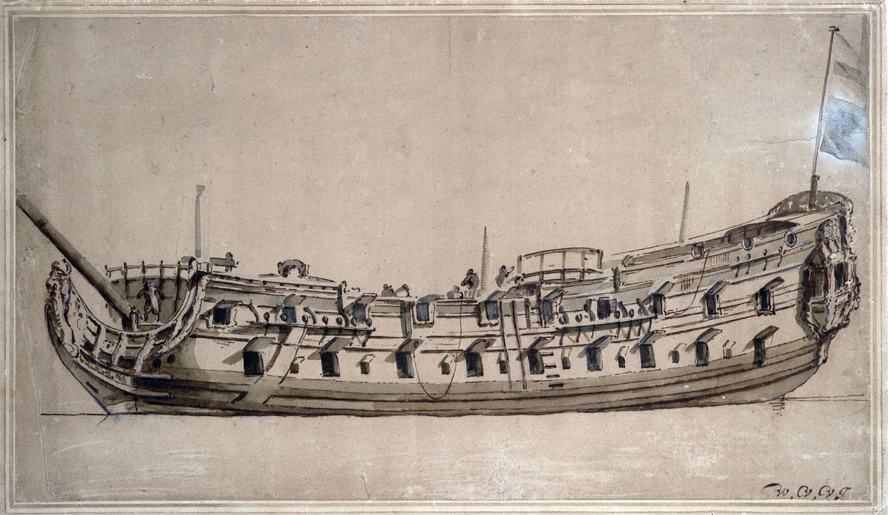 Britisk skib af fjerde klasse med 42 kanoner, bygget omkring 1675. Blæktegning af Willem van de Velde den yngre (1633-1707) af Willem van de Velde the Younger