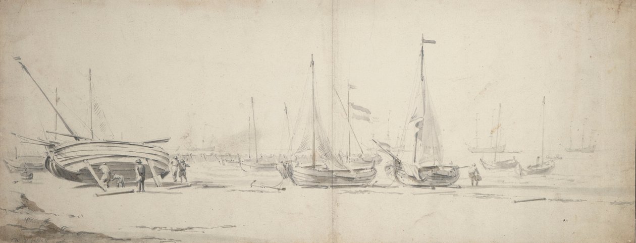 Pinks og weyshuits trukket i land, ca. 1665 (grafit, grå, brun vask) af Willem van de Velde the Younger