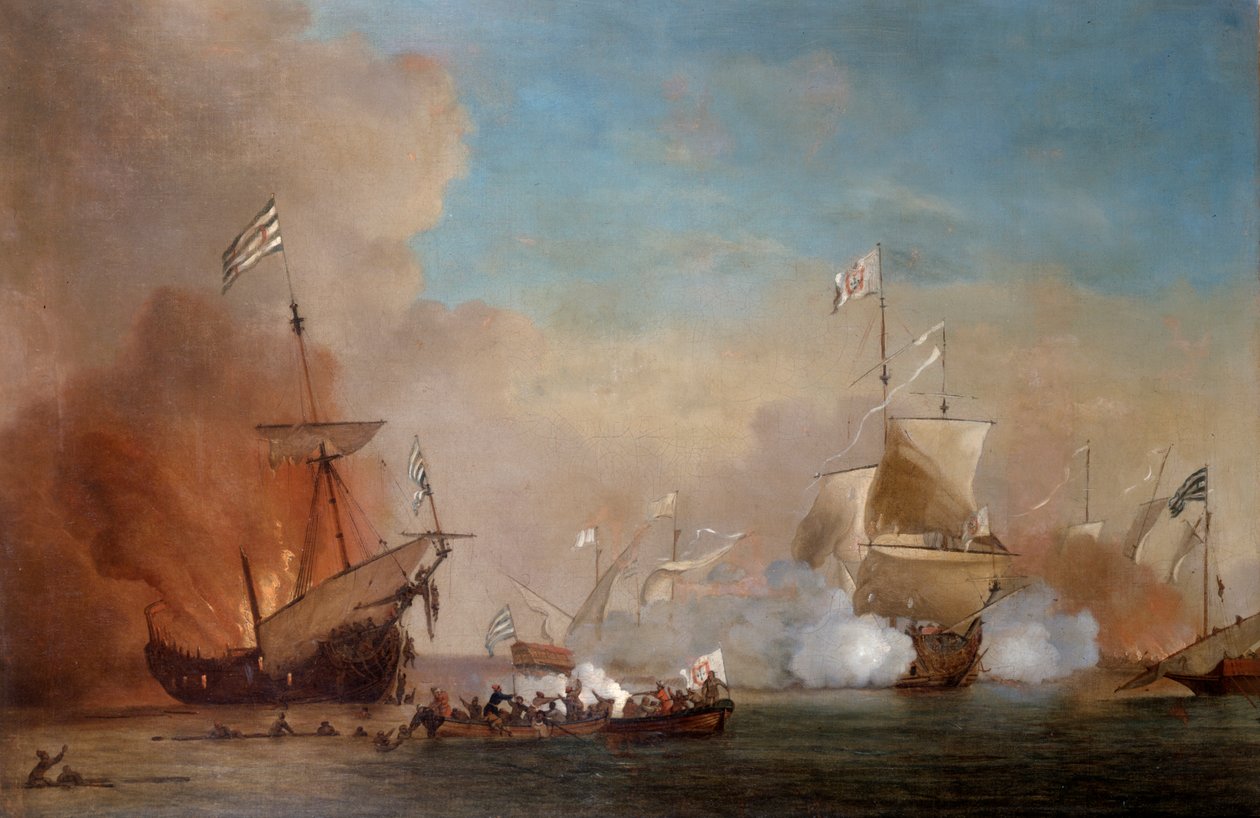 Pirater angriber et britisk flådeskib, 1600-tallet. af Willem van de Velde the Younger