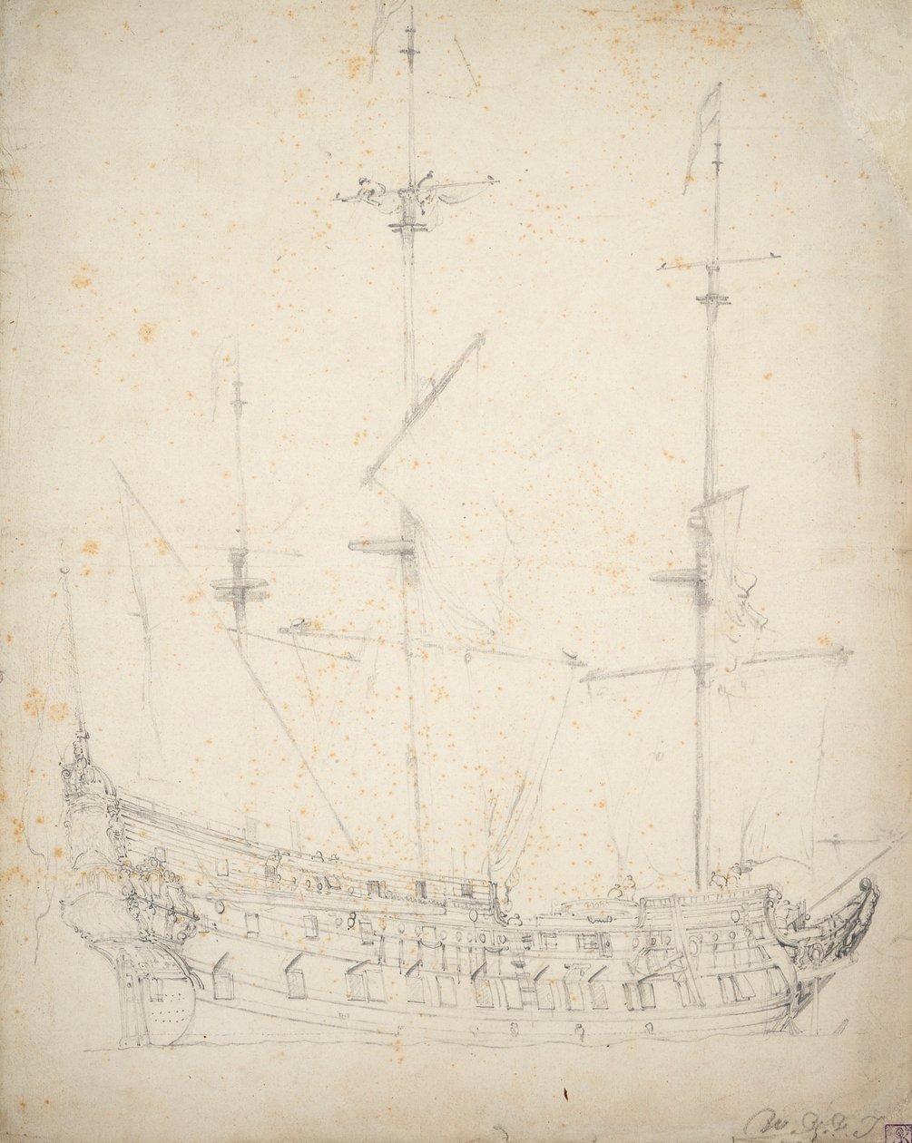 Portræt af en hollandsk todækker, ca. 1655 (offset, grafit) af Willem van de Velde the Younger