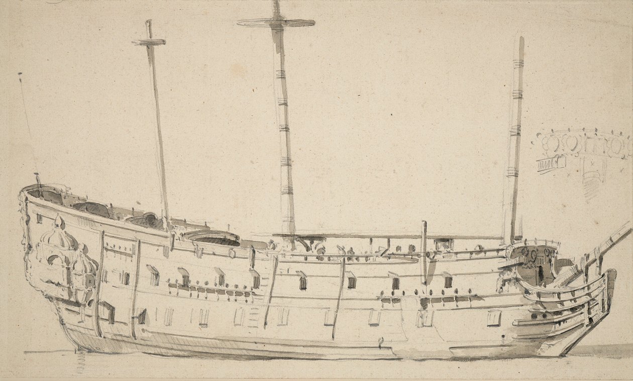 Portræt af en todækker, ca. 1675 (grafit, gråvask) af Willem van de Velde the Younger