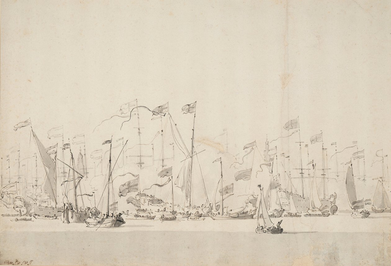 Flodspil på Y ved Amsterdam til ære for prinsen af Oranien, 5.-15. juni 1660, ca. 1675 (pen, lakering) af Willem van de Velde the Younger