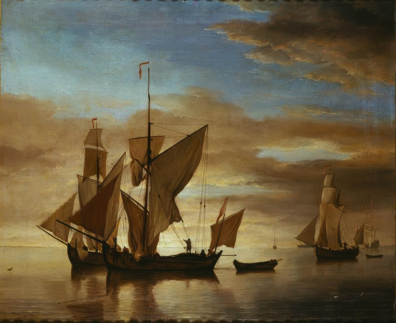 Skibe på stille hav i aftenlyset af Willem van de Velde the Younger