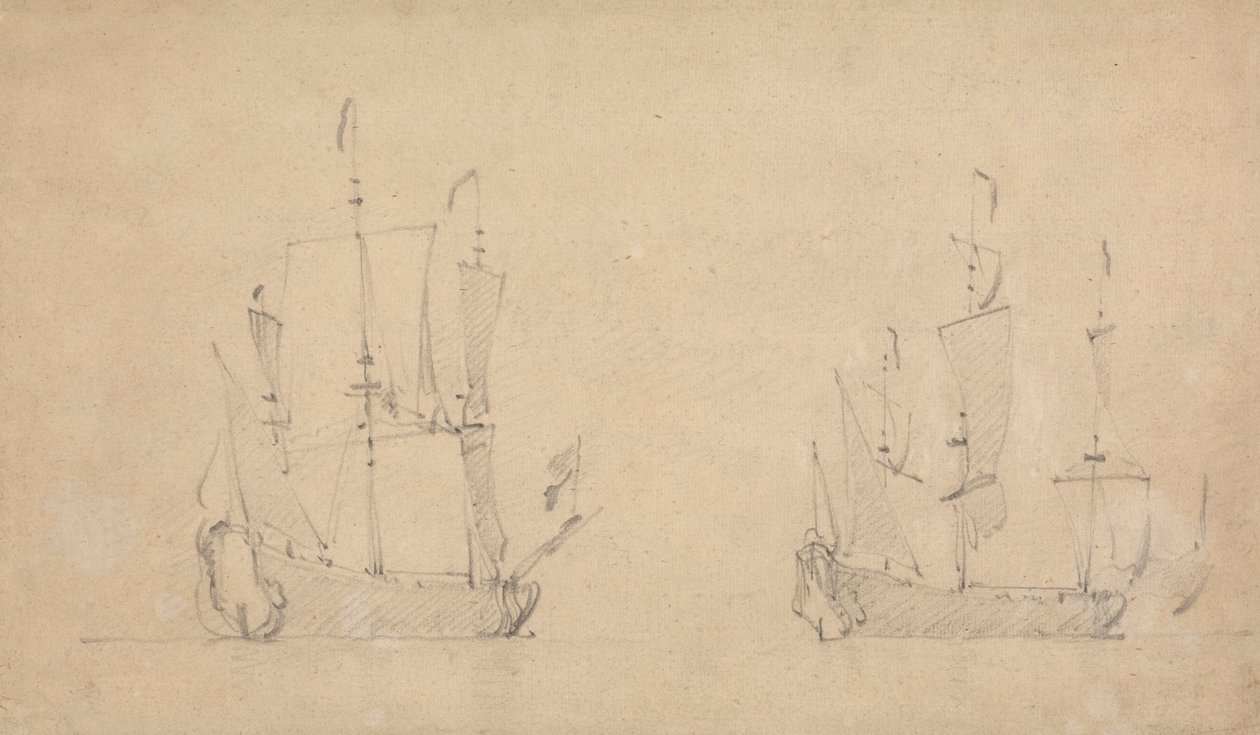 Styrbord-kvartalsvisning af et flagskib i let luft og lignende af et andet af Willem van de Velde the Younger