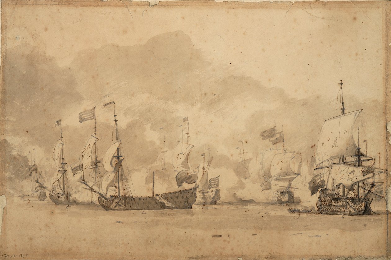 Slaget ved Texel (Kijkduijn) 11.-21. august 1673, ca. 1673 (grafit, grå vask) af Willem van de Velde the Younger