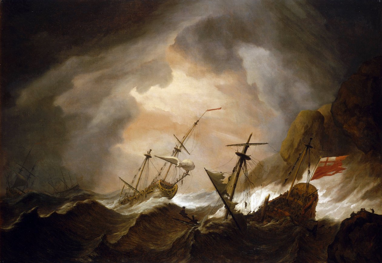 To britiske skibe forliser i stormen nær en klippekyst. Olie på lærred, omkring 1700, af Willem van de Velde (1633-1707). af Willem van de Velde the Younger