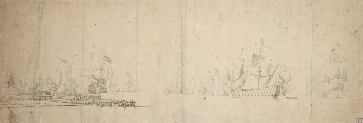 En hollandsk flåde på vej ud fra en mole, ca. 1665 (grafit, gråvask) af Willem van de the Elder Velde