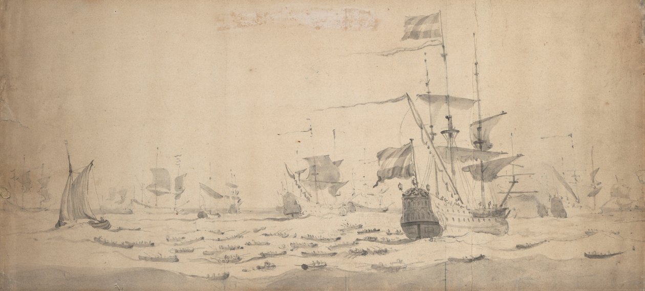 En hollandsk flåde, der ligger i en brise: et krigsråd, ca. 1665 (grafit, gråvask) af Willem van de the Elder Velde