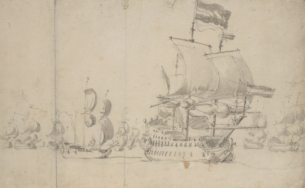 Et hollandsk flagskib med et ekspeditionsskib på sin agterstavn, maj 1672, ca. 1672 (blyant, lakering) af Willem van de the Elder Velde