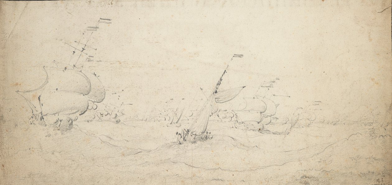 En hollandsk eskadre på vej mod vinden i høj sø, ca. 1672 (grafit) af Willem van de the Elder Velde