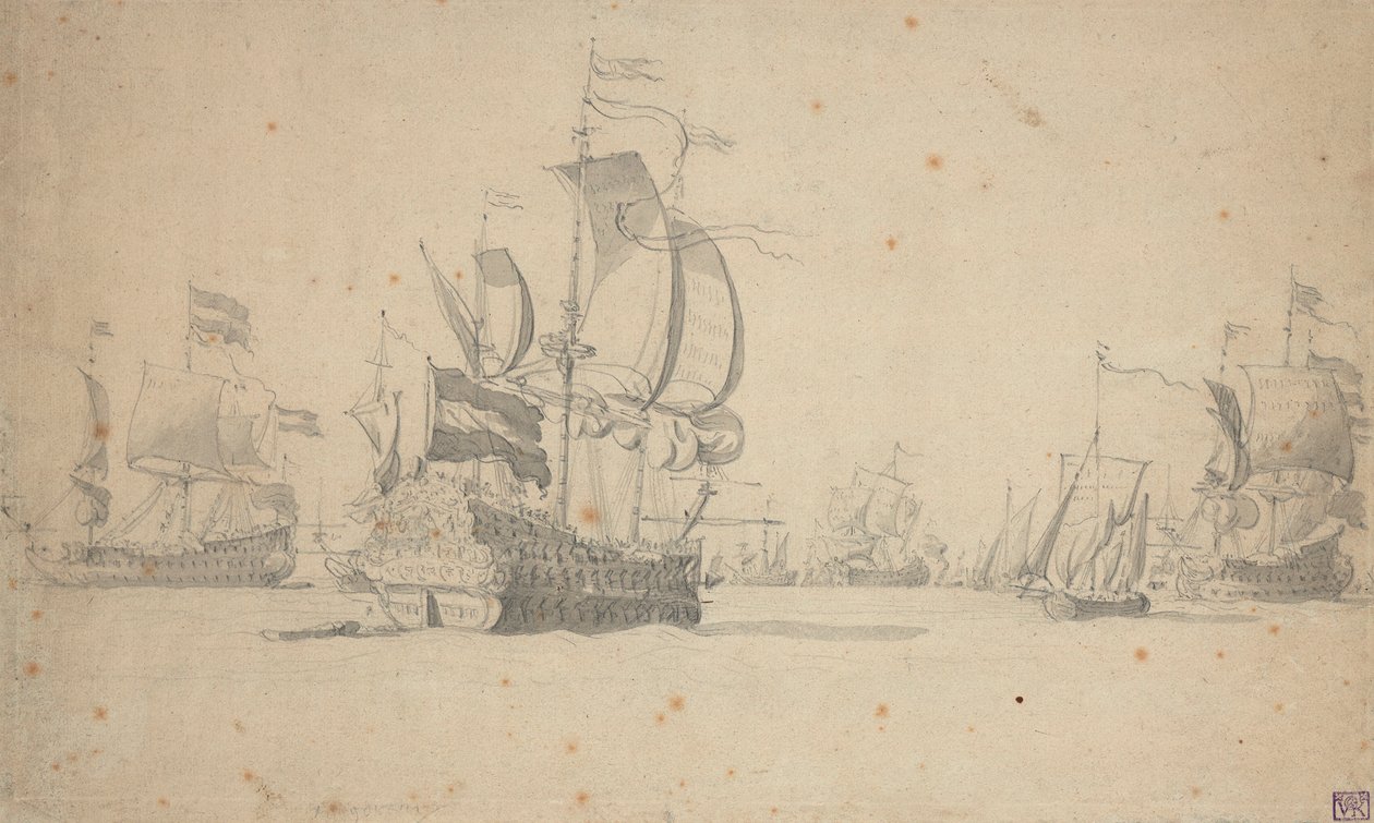 En hollandsk eskadre i kampformation, maj 1672, ca. 1672 (blyant, lakering) af Willem van de the Elder Velde