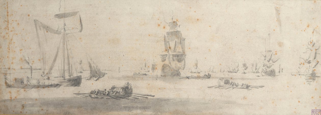 En galliot i let luft og flere pramme, ca. 1681 (grafit, grå vask) af Willem van de the Elder Velde