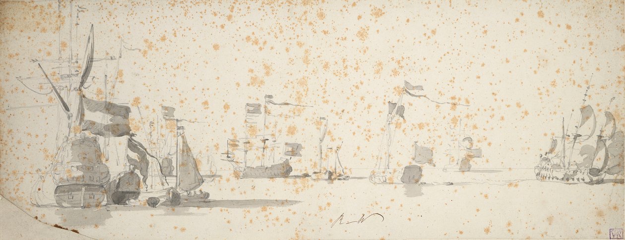 En statslig yacht og hollandske skibe for anker, ca. 1664 (grafit, gråvask) af Willem van de the Elder Velde
