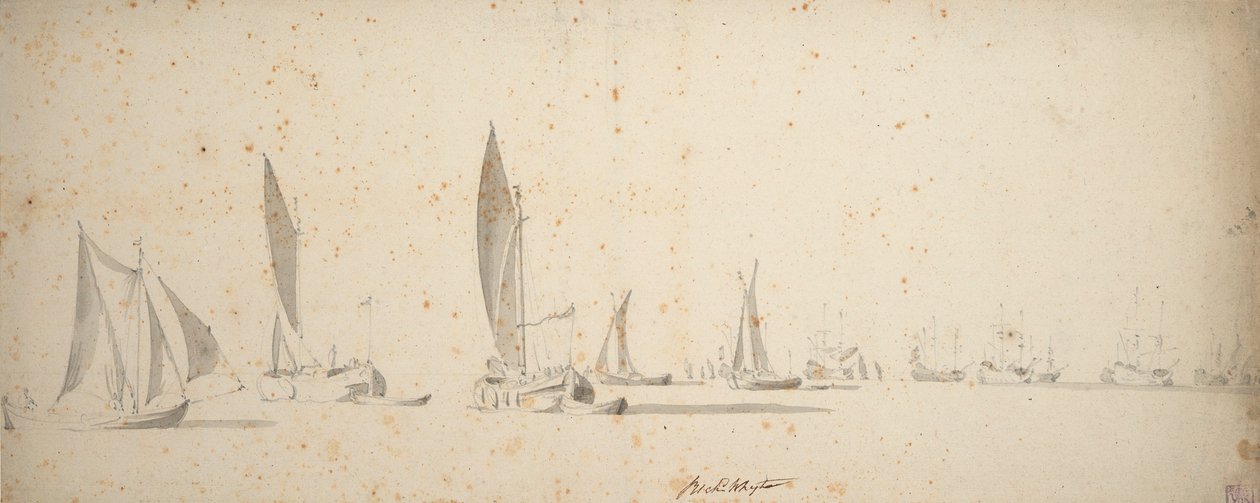 En trækbåd, wijdschips og waterschips i en let brise, ca. 1664 (grafit, gråvask) af Willem van de the Elder Velde