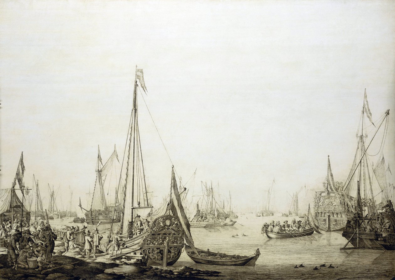 En række skibe i en overfyldt havn, dette maleri er historisk forbundet med Charles II af Englands (1630-1685) rejse til Haag (Holland) i 1660, under genoprettelsen af hans magt over den engelske trone af Willem van de the Elder Velde
