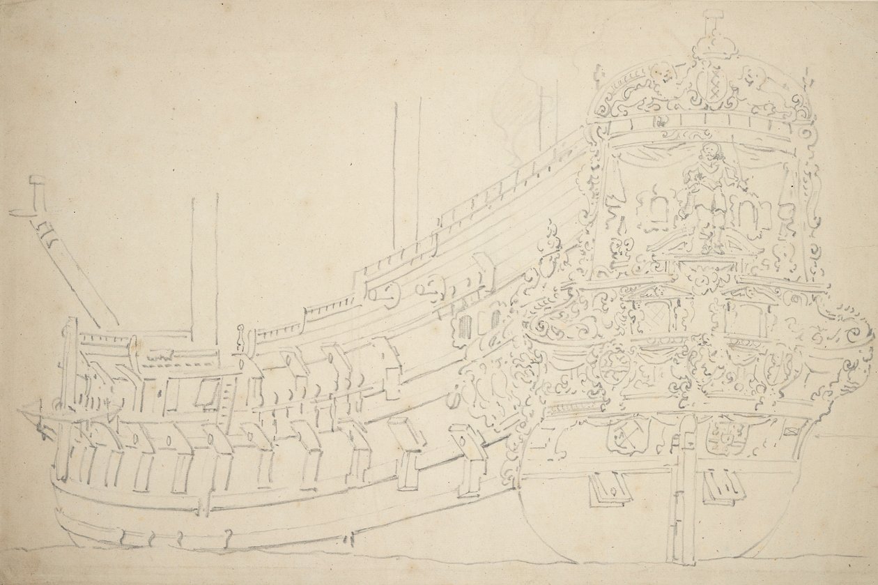 Et Amsterdam-skib, muligvis en indianer, med omkring 50 kanoner, ca. 1670 (grafit) af Willem van de the Elder Velde