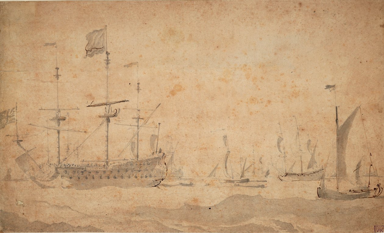 Et engelsk flagskib for anker, muligvis i juni 1673, ca. 1673 (gråvask) af Willem van de the Elder Velde