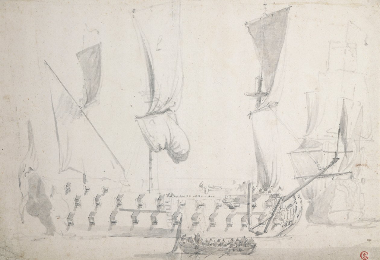 En engelsk fjerdeklasse i let luft, ca. 1681 (grafit, gråvask) af Willem van de the Elder Velde