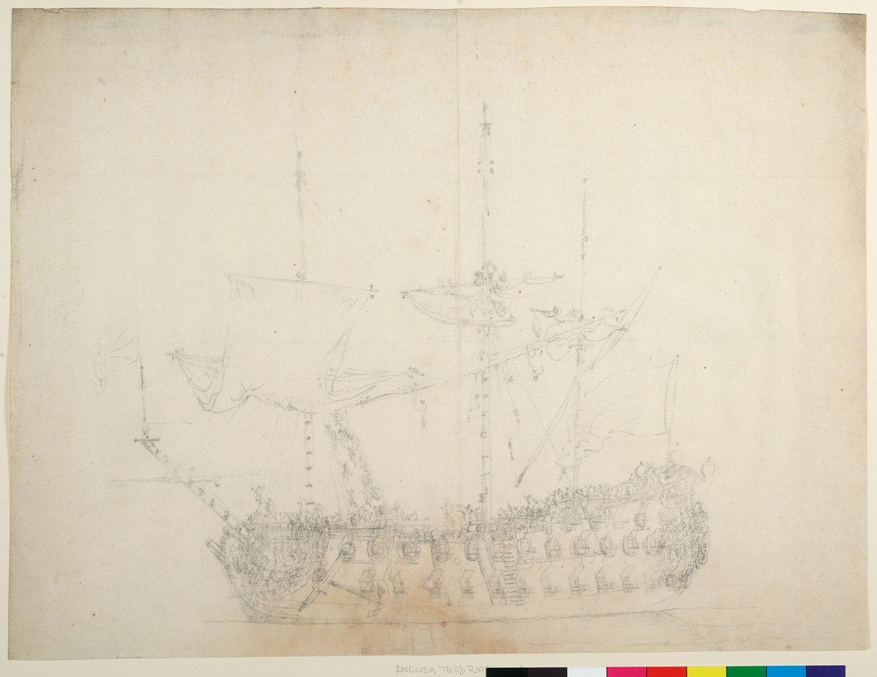 Et engelsk tredjerangsskib med 60 kanoner set tæt på bagbords bov, ca. 1673 (offset) af Willem van de the Elder Velde