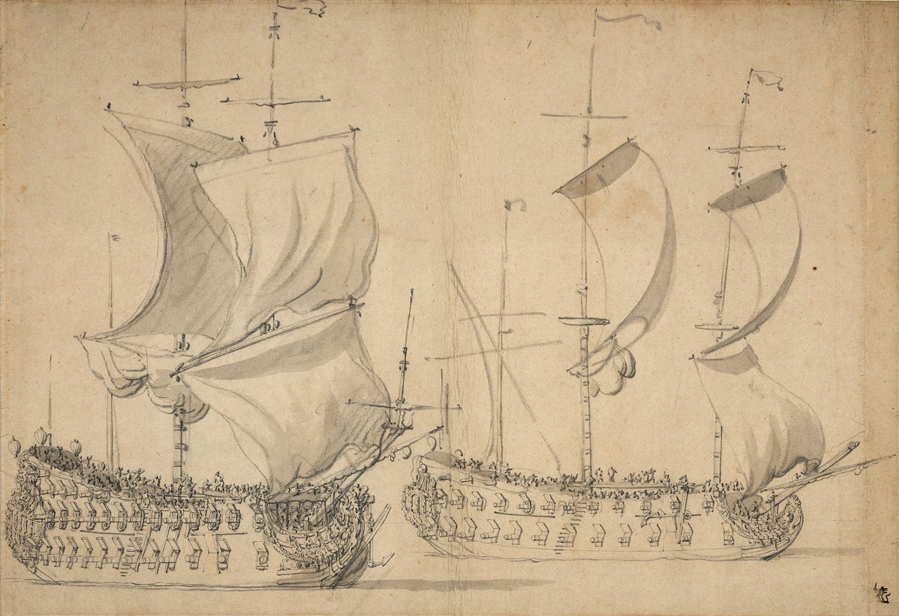 En engelsk tredjereder og fjerdereder under let sejlads, ca. 1677 (blyant, lakering) af Willem van de the Elder Velde
