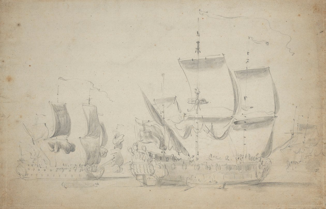 En engelsk todækker under let sejl, ca. 1675 (blyant, lakering) af Willem van de the Elder Velde