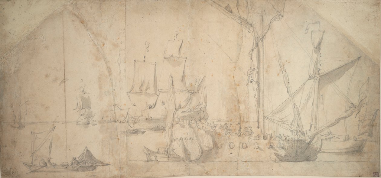 En engelsk yacht for anker med indrullede sejl af Willem van de the Elder Velde