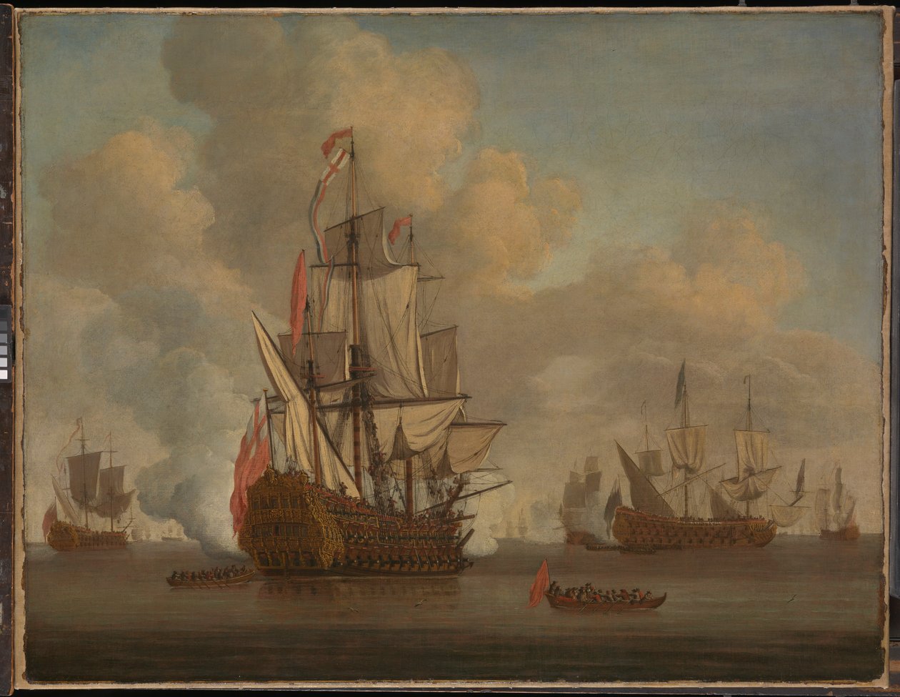 Calm: en engelsk todækker med løse sejl, der affyrer en salut af Willem van de the Elder Velde