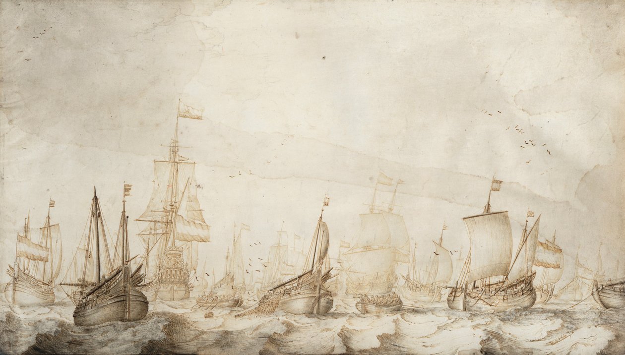 Hollandske sildefiskerfartøjer i Nordsøen. Blæk- og vasketegning (27,4x47,6 cm) af William van de Velde den ældre (ca. 1611-1693), ca. 1650. af Willem van de the Elder Velde