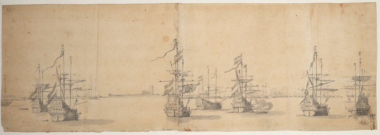 Hollandske skibe for anker ud for en lav kyst, ca. 1658 (grafit, gråvask) af Willem van de the Elder Velde