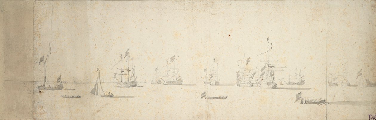 Hollandske skibe for anker ud for land, ca. 1664 (grafit, gråvask) af Willem van de the Elder Velde