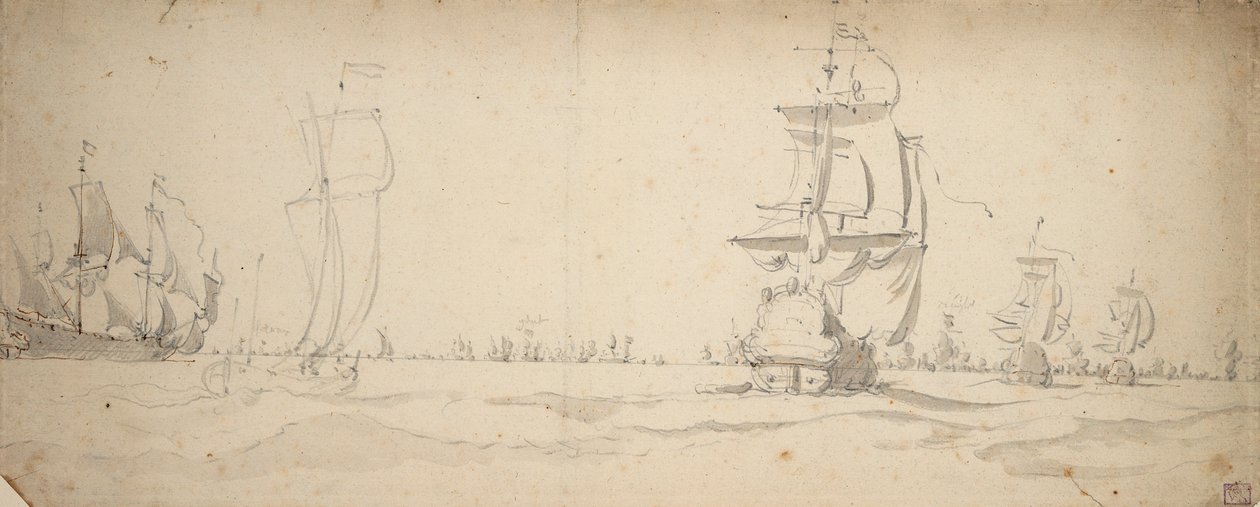 Hollandske skibe løber ned mod hovedflåden, maj 1672, ca. 1672 (grafit, grå lav) af Willem van de the Elder Velde