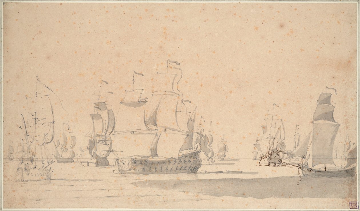 Engelske skibe, en ketch og en galliot i en let brise, juni 1673, ca. 1673 (blyant, lavering, pen, brunt blæk) af Willem van de the Elder Velde