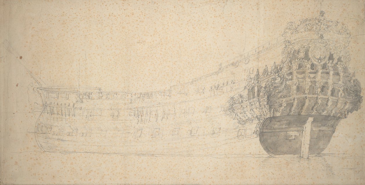Portræt af en fransk todækker. Bygget i Holland 1666-67, ca. 1667 (grafit) af Willem van de the Elder Velde