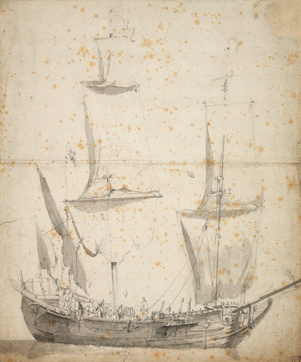 Portræt af et lille hollandsk handelsskib, ca. 1665 (grafit, gråvask) af Willem van de the Elder Velde
