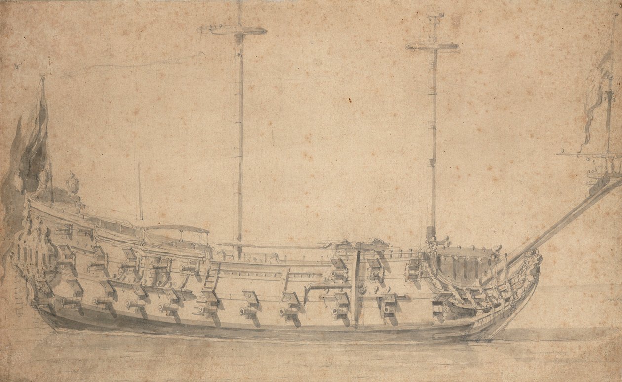Portræt af en engelsk fjerdeklassesmand, ca. 42 kanoner, ca. 1675 (blyant, lakering) af Willem van de the Elder Velde