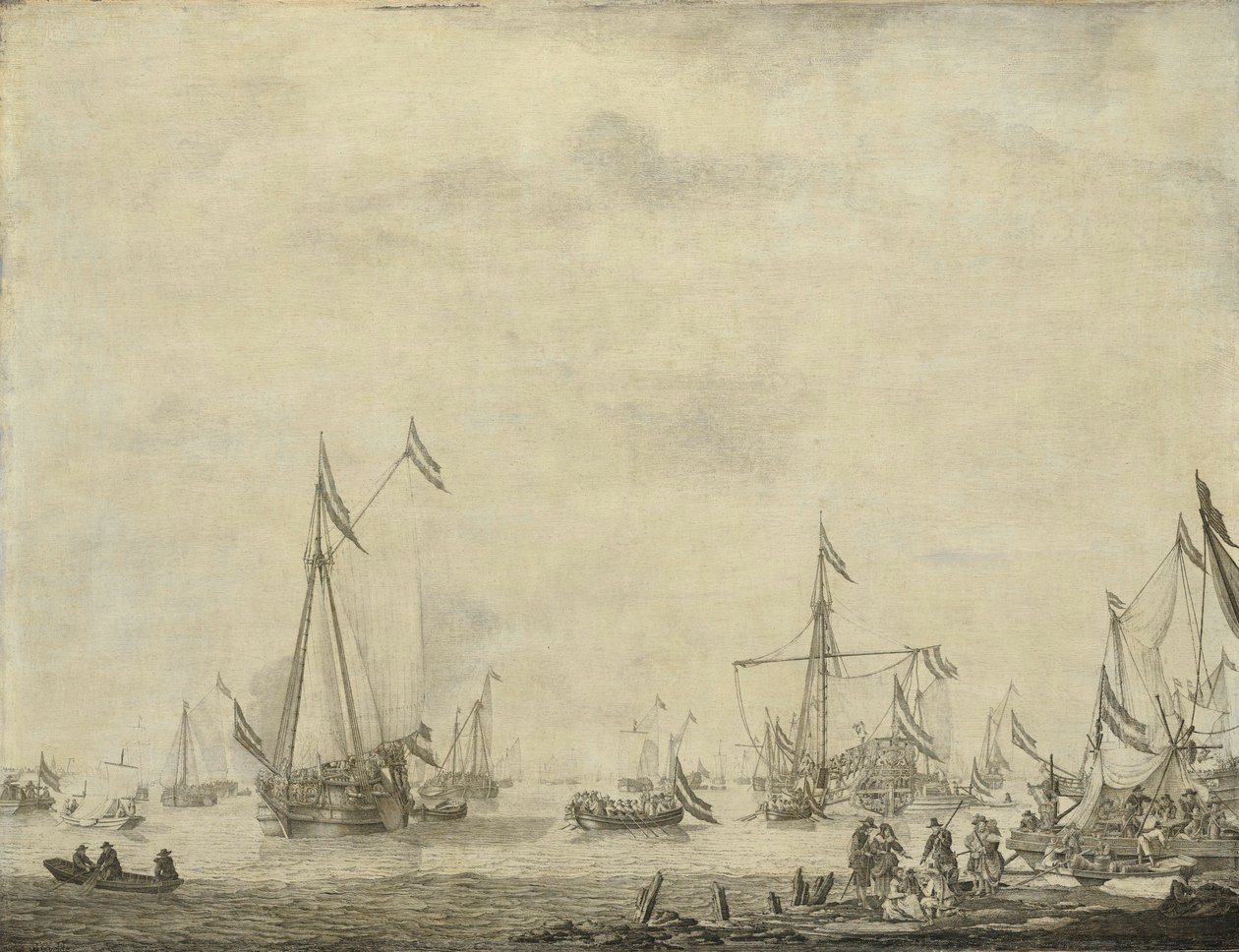 Kongeskibet og statsskibet sejler fra Moerdijk med Karl II af Willem van de the Elder Velde