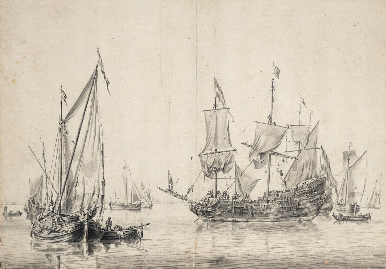 Sejlbåde og en hollandsk fregat, der tørrer sine sejl. Tegning og lakering (26x37 cm), af William van de Velde l