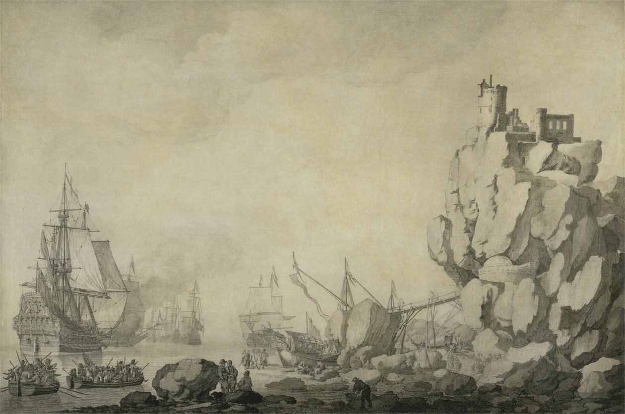 Skibe og milits ved en klippekyst, ca. 1680 (pen og blæk på forberedt lærred) af Willem van de the Elder Velde